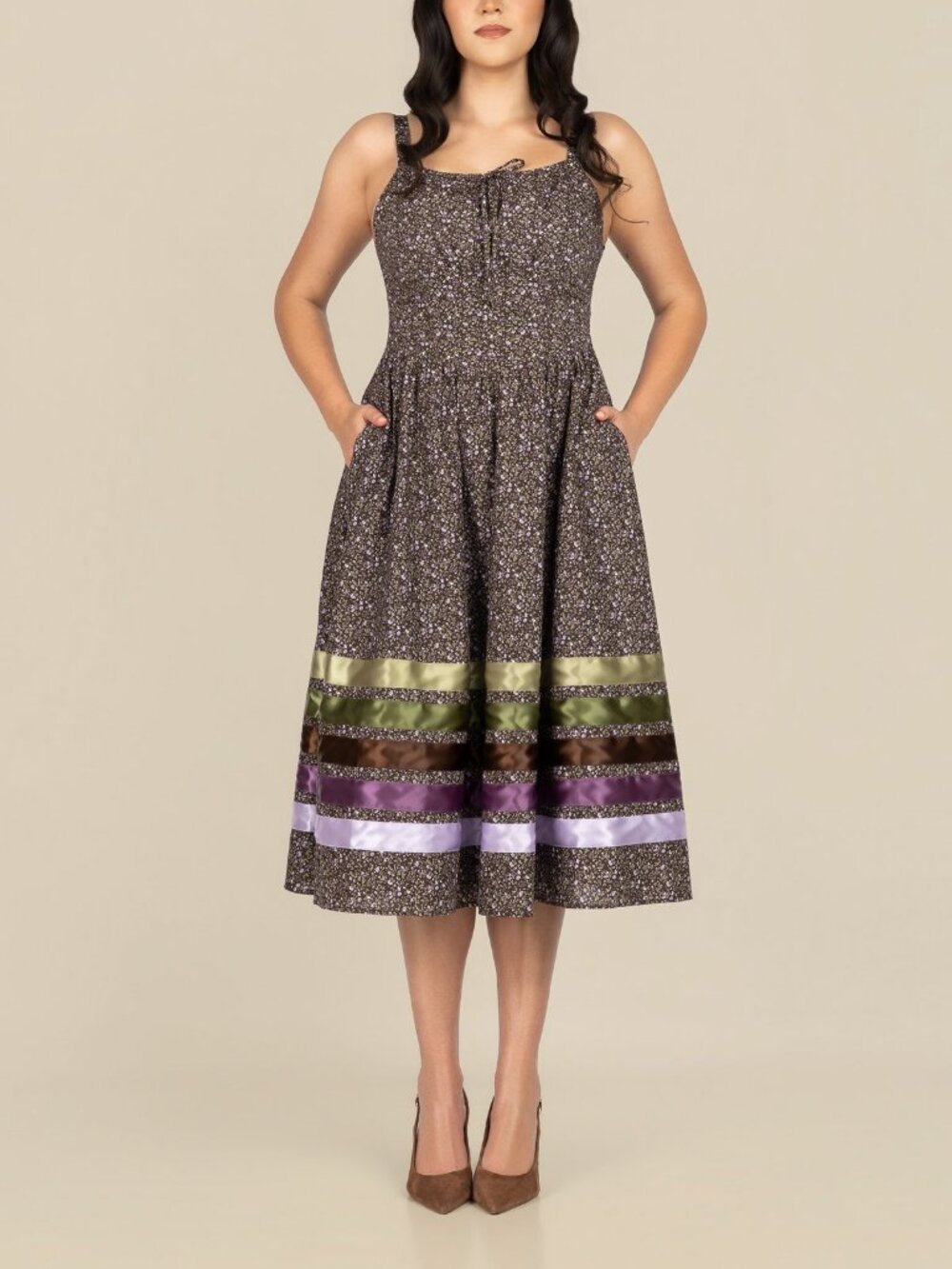 B.YELLOWTAIL Corset Midi Ribbon Dress - Ditsy Floral Brown size S